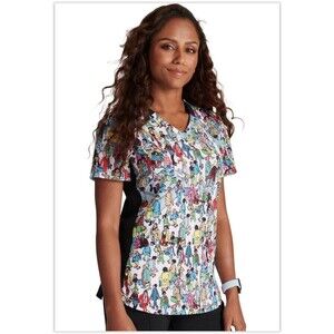 Where's Waldo? Cherokee Nurse Scrubs 2 Pocket Stretch, V Neck Top Size S New
